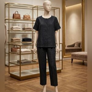Kaktus Black Short-Sleeve Button-Front Top & Straight-Leg Pants Set